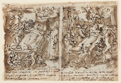 Pagina uit een schetsboek; Hemelse krachten helpen vrome; Schets voor portret van heilige; Decoratie van fronton door Jan van der Straet, called Stradanus