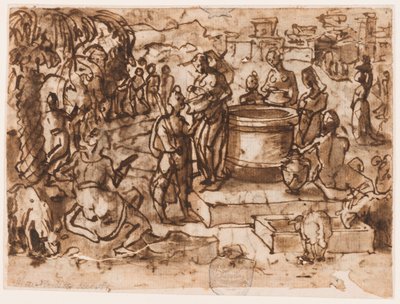 Pagina uit een schetsboek; Mozes en de dochters van Jethro door Jan van der Straet, called Stradanus