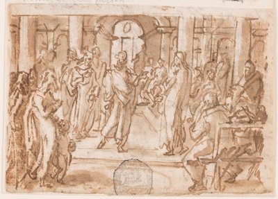 Petrus en Johannes ondervraagd door de Hoge Raad, voorlopige ontwerp voor "Spiritus Scientiae" (De Geest van Wetenschap), plaat 5 in de "Zeven Gaven van de Heilige Geest" prentserie door Jan van der Straet, called Stradanus
