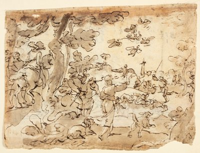Recto: Vogeljacht met Valken; Verso: Lunet versierd met dieren, steenbok en gebladerte door Jan van der Straet, called Stradanus