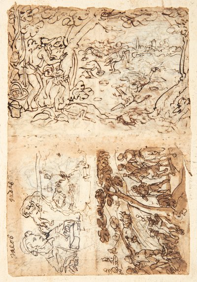 Recto, boven: Kraanvogeljacht met kegels; Onder, links: Jacob, halve figuur; leeuw met een blinddoek over zijn hoofd; kaart van een vesting; Onder rechts: Vossenjacht. Verso, boven links: Spreeuwjacht; onder links: Leeuwenjacht met fakkels en netten; recht door Jan van der Straet, called Stradanus