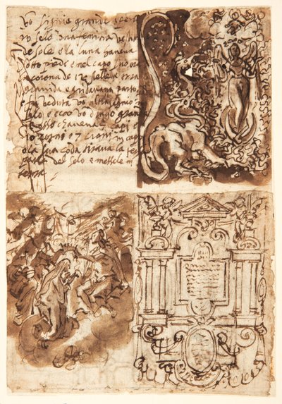 Recto, boven links: Passage over de Vrouw van de Apocalyps, uit het Boek Openbaring; Recto, boven rechts: Vrouw van de Apocalyps; Recto, onder links: Frontispice voor prentserie van het Leven van de Maagd; Recto, onder rechts: Kroning van de Maagd door Jan van der Straet, called Stradanus