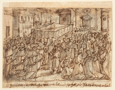 Schetsboekpagina met processie met de hostie en pontificale mis door Jan van der Straet, called Stradanus