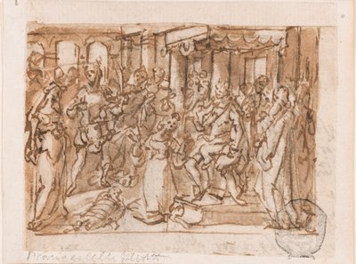Het oordeel van Salomo, voorlopige ontwerp voor "Spiritus Sapientiae" (De Geest van Wijsheid), plaat 1 in de "Zeven Gaven van de Heilige Geest" prentserie door Jan van der Straet, called Stradanus
