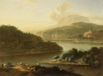 Een rivierlandschap met herder en boerin op de voorgrond door Jan van der the Younger Meer