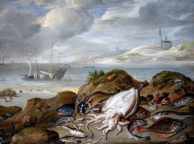 Een Estuarium Landschap met Vissen op een Duin door Jan van the Elder Kessel