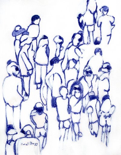 Crowd in Blue, ca. 2024 (gemengde techniek op papier) door Janel Bragg