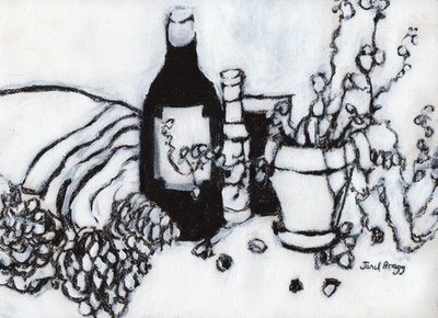 Stilleven met olijfolie en dennenappels door Janel Bragg