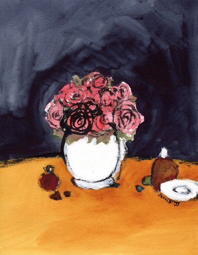 Stilleven met rozen en parfumflesjes door Janel Bragg