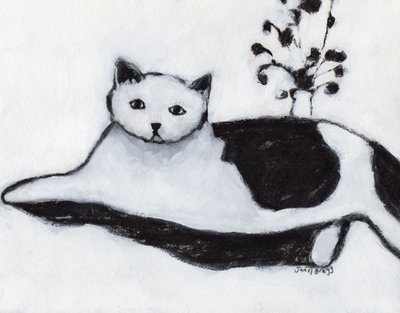 Thomas de kat ligt te luieren, c. 2018 (gemengde techniek op papier) door Janel Bragg