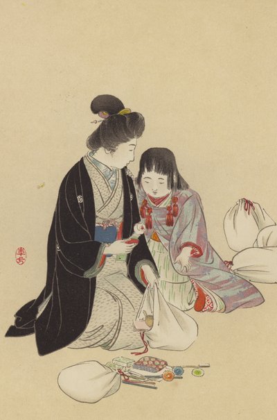 Een Moeder en haar Meisje die Cadeaus regelen om naar het Front te sturen door Japanese School