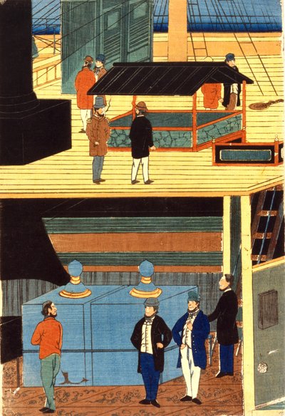Dwarsdoorsnede van een Europees schip toont mannen in Europese kleding op het dek, boven, en mannen op het benedendek: Yokahama, Japan door Japanese School
