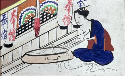 Ema (votiefplaat) die een vrouw toont die melk uitdrukt door Japanese School