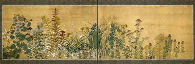Japanse kunst: schermpanelen versierd met bloemen (stijl van de Rimpa-school) door Japanese School