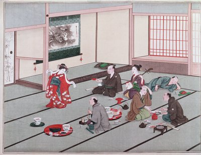 Japanners eten, drinken en worden vermaakt in theehuis door Japanese School