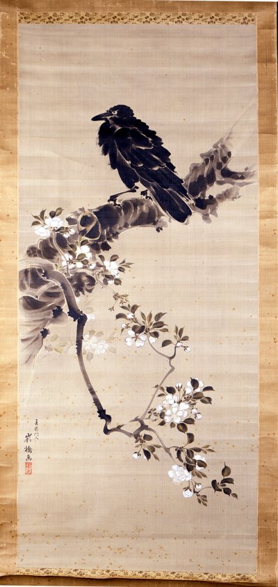 Kakemono (rol van papier of zijde, verlengd in hoogte) die een raaf (kabasu), boodschapper van de goden, voorstelt. 18e eeuw. Genua, Museo Chiossone. door Japanese School