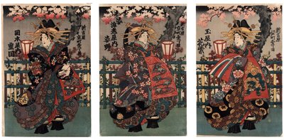 Courtisanes Shigeoka, Sugatano en Hanamurasaki. Drieluik. Uit de serie De schoonheden van de Yoshiwara door Japanese School