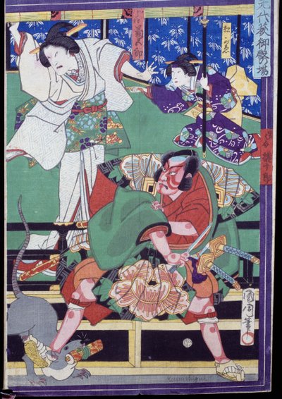 Geliefden besluiten zelfmoord te plegen, Kabuki theaterscène door Japanese School