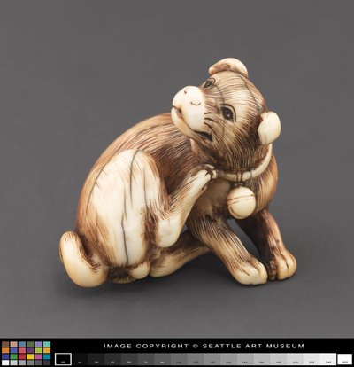 Netsuke gemodelleerd als een hond die zijn nek krabt door Japanese School