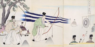 Adel oefent boogschieten, uit een album van houtsneden (kleur houtsnede) door Japanese School