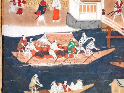 Osakazu Byobu - Japans kamerscherm met acht panelen (schilderij) door Japanese School