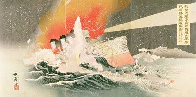 Russisch schip onder aanval, nr. 23 in een album met episodes uit de Russisch-Japanse Oorlog door Japanese School