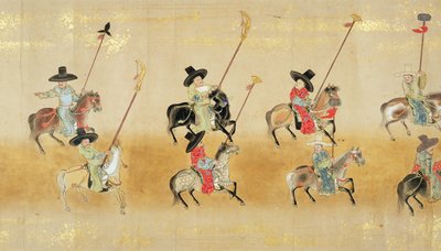 Zesde Koreaanse Ambassade naar Japan in Meireki 1 ten tijde van Tokugawa Ietsunas opvolging in 1651, mogelijk door Kano Masunobu (1625-94) (rolschildering) (detail) door Japanese School