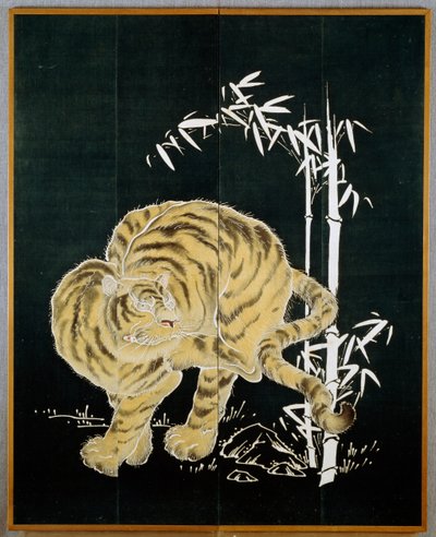 Tijger en bamboe, motief op twee deurs katoenen scherm (byobu), rijstzetmeel en indigo gedoopt met pigmenten, Japanse beschaving, Meiji-Taisho periode door Japanese School