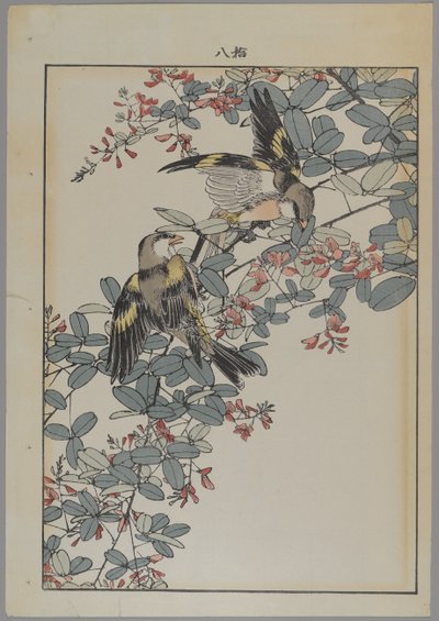 Twee vogels met roze bloemen, Meiji periode, ca. 1868-1912 door Japanese School
