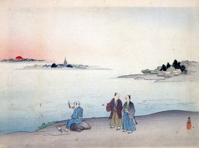 Twee mannen wandelen langs een meer, ca. 1870 door Japanese School