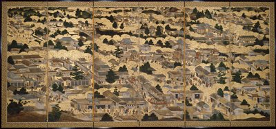 Gezicht in en rond Kyoto (Rakuchu rakugai zu), ca.1616-24 (inkt, kleur  bladgoud op papier) door Japanese School