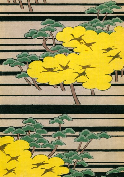 Gele en groene bomen met kraanvogels door Japanese School