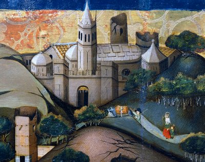 Landschap met de Bisschopskerk, detail van Vlucht naar Egypte, altaarstuk uit Verdu door Jaume Ferrer