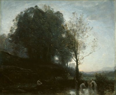 Badende nimfen en kind door Jean-Baptiste-Camille Corot