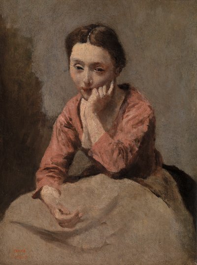Peinzende jonge vrouw door Jean-Baptiste-Camille Corot