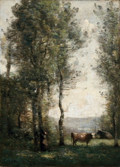 Boslandschap met koeien in een open plek door Jean-Baptiste-Camille Corot