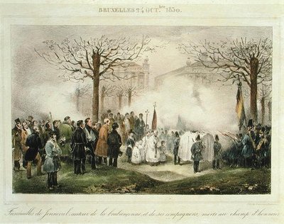 De begrafenis van Louis-Alexandre Dechet (Jenneval) en zijn metgezellen die stierven op het ereveld, 24 oktober 1830, gegraveerd door Dewasme-Pletinckx door Jean Baptiste (after) Madou