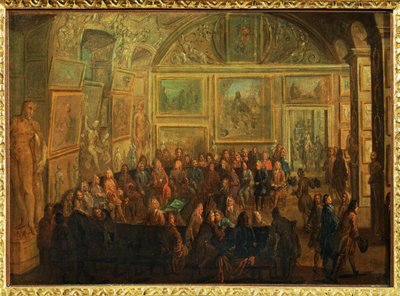Zicht op de Salon de Diane in het Louvre;een zitting van de Academie voor Schilderkunst ... door Jean Baptiste (after) Martin
