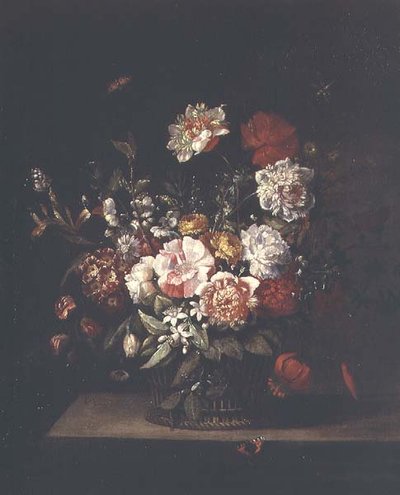 Gemengde bloemen in een rieten mand met motten, libel en atalanta op een richel door Jean Baptiste (follower of) Monnoyer