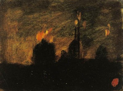 Nachtstemming met branden in St-Vast-là-haut nabij Valenciennes door Jean-Baptiste Carpeaux