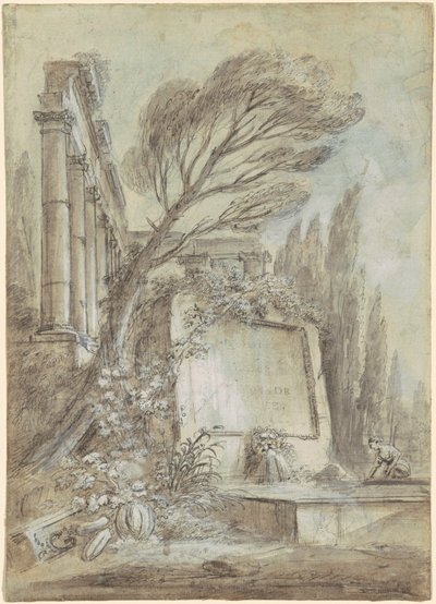 Architecturale fantasie van Romeinse ruïnes met een inscriptieplaquette, c.1768 (bruine inkt op papier) door Jean-Baptiste Lallemand