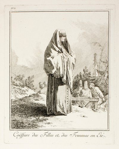 Hoofdtooi voor meisjes en vrouwen in de zomer, plaat drie uit Diverse Kledij van de Volkeren van het Noorden door Jean-Baptiste Le Prince