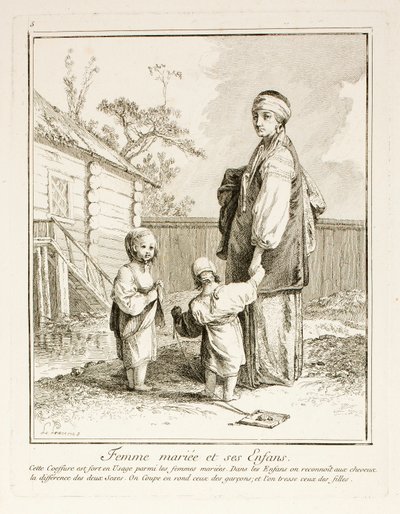 Getrouwde vrouw en haar kinderen, plaat vijf uit Divers Habillements des Peuples du Nord door Jean-Baptiste Le Prince