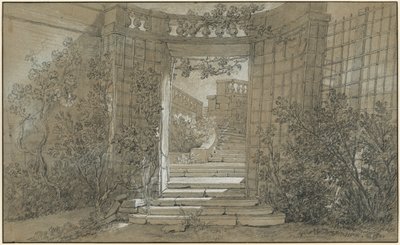 Landschap met een trap en een balustrade door Jean-Baptiste Oudry