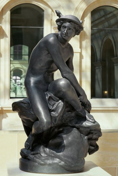 Mercurius die zijn gevleugelde sandalen vastmaakt, Paris door Jean-Baptiste Pigalle