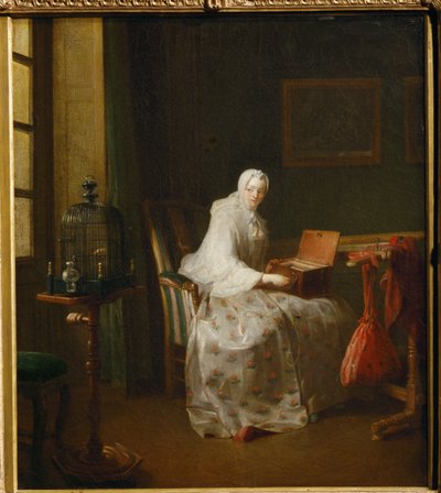 La serinette, dit aussi Dame variant ses amusements - een serinette is een klein mechanisch orgel dat wordt gebruikt om vogels te leren zingen ... door Jean-Baptiste Simeon Chardin
