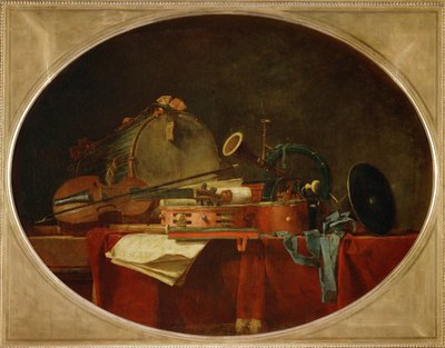 Les attributs de la music civile - De attributen van civiele muziek, supraporte voor het Chateau de Bellevue ... door Jean-Baptiste Simeon Chardin