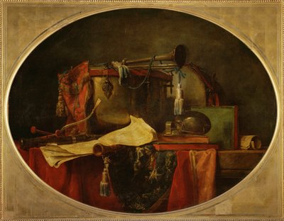 Les attributs de la music guerriere - De attributen van krijgshaftige muziek, supraporte voor het Chateau de Bellevue1767 ... door Jean-Baptiste Simeon Chardin