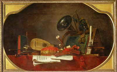 Les attributs de la musique - de attributen van muziek, begeleidend stuk bij 40-12-16/28, een van de drie supraportifs voor het Chateau de Choisy ... door Jean-Baptiste Simeon Chardin