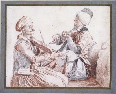 Twee Turkse muzikanten met violen door Jean-Étienne Liotard